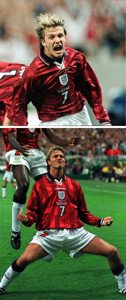 Figura 14: David Beckham durante Francia '98 (Fonte: Twitter Classic Football Shirts, autore sconosciuto, 1998)